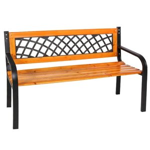 Banca de gradina din lemn si otel cu spatar decorativ, 120x53x73 cm, negru si maro natur