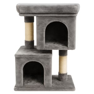 Ansamblu de zgariat pentru pisici tip turn cu 2 niveluri, tunel, casuta si pat, MDF si plus, 67 cm, gri