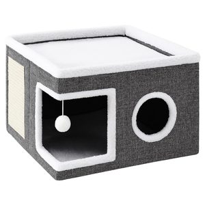 Ansamblu de zgariat pentru pisici cu casuta si pat superior, cu jucarie, 42x42x30 cm