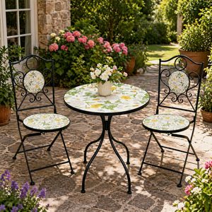 Set mobilier gradina Antos 3 piese, masa si 2 scaune pliabile, mozaic decorativ, metal, multicolor