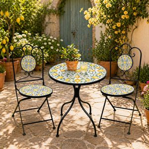 Set mobilier gradina Lemonia 3 piese, masa si 2 scaune pliabile, mozaic decorativ, metal, multicolor