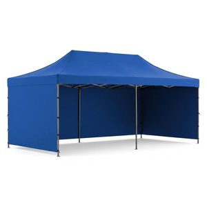 Cort pavilion de gradina, pliere rapida, 300x600 cm, inaltime reglabila, cu 3 pereti laterali, impermeabil, albastru