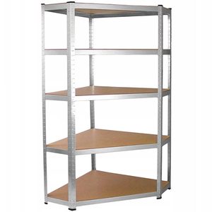 Raft depozitare metalic colt 5 niveluri cu polite MDF, structura otel galvanizat, 180x90x30 cm, argintiu