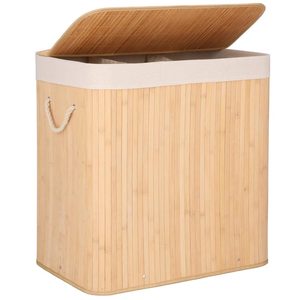 Cos de rufe din bambus, pliabil, cu captuseala detasabila lavabila, 3 compartimente, 150L, 63x42x62cm, maro