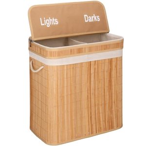 Cos de rufe din bambus cu capac, 2 compartimente, sac detasabil, volum 100L, 53x32x62cm, maro