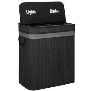 Cos de rufe din bambus cu capac, 2 compartimente, sac detasabil, volum 100L, 54x35x60cm, negru