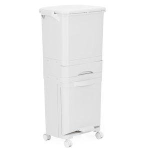 Cos de gunoi pentru colectare selectiva cu 3 compartimente, pe roti, 42 L, alb