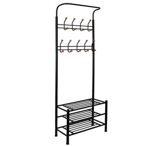 Cuier haine cu suport pantofi, 18 agatatori, 2 rafturi pantofi, 187x67cm, negru