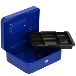 Caseta pentru bani tip cutie de valori, compartimentanta, cu cheie, metal, 25x20x9cm, albastru