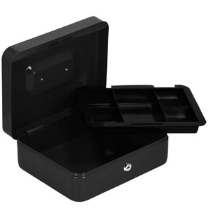 Caseta pentru bani tip cutie de valori, compartimentanta, cu cheie, metal, 25x20x9cm, negru