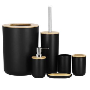 Set de accesorii rotunde pentru baie din plastic cu elemente bambus, 6 piese, negru