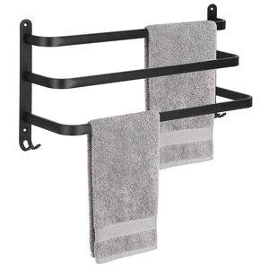 Suport prosoape pentru baie cu 2 sisteme de instalare, 3 brate, din aluminiu, 49x25cm, negru