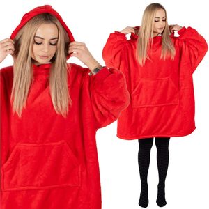 Hanorac tip patura oversize din fleece moale, cu gluga si buzunar mare, rosu