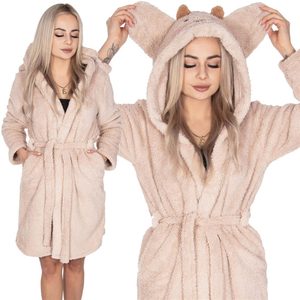 Halat de baie pentru femei pana la genunchi, gluga cu urechi , marimea L/XL, bej