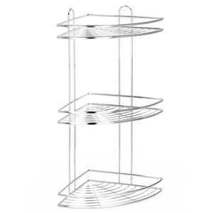 Etajera de colt pentru dus, cu 3 polite, montaj pe perete, inox, 25x25x59 cm, argintiu