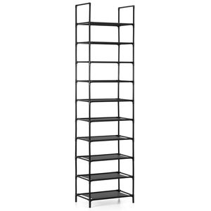 Raft pantofi inalt cu 10 polite, structura metalica si rafturi textile, 45x28x178 cm, negru