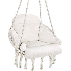 Scaun rotund Sersimo tip leagan suspendat cu perna pentru casa sau gradina, bej