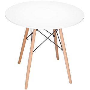 Masa dining bucatarie, rotunda, diametru 80 cm, inaltime 75 cm, Blat MDF, Picioare lemn, Alb