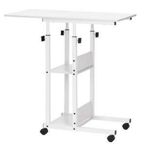 Birou reglabil pe inaltime cu rafturi si roti, blat din lemn si structura metalica, 80x40x76-86 cm, alb