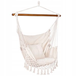 Hamac tip scaun suspendat cu bara si 2 perne, 130x100 cm, capacitate 150 kg, cu franjuri