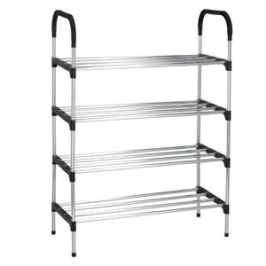 Suport pentru pantofi, 4 rafturi, cadru metalic, 84x28x60cm, negru si argintiu