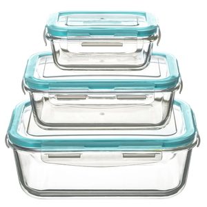 Set 3 recipiente 5Five Clipeat din sticla borosilicata, cu capace etanse, 330ml / 800ml / 1730ml, transparent