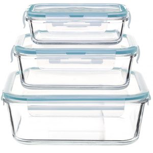 Set 3 caserole din sticla patrate 5Five Clipeat, capac albastru, 2.2L + 800ml + 330ml