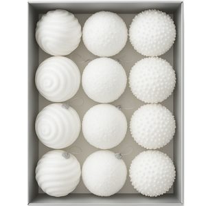 Set 12 globuri Craciun cu sclipici, 3 modele diferite, polistiren, diametru 8 cm, alb