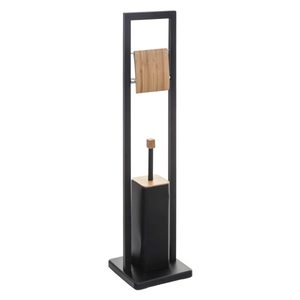Suport WC cu perie 5Five Natureo, cu suport hartie igienica, metal si bambus, 20x20x80 cm, negru