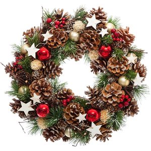 Coronita decorativa cu frunze si conuri, diametru 35 cm, multicolora