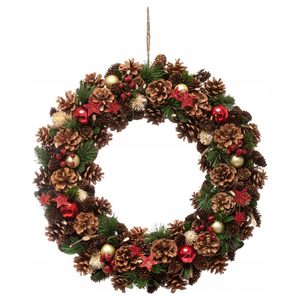 Coronita decorativa cu frunze si conuri, diametru 50 cm, multicolora