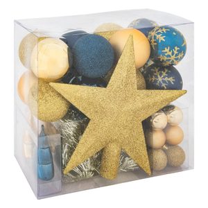 Set decoratiuni Craciun, 44 piese, cu globuri, ghirlanda si varf de brad, albastru si auriu