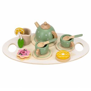 Jucarie din lemn set complet ceai pentru copii, 14 piese, tava inclusa, 28x17 cm, multicolor
