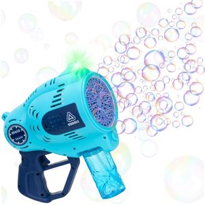 Pistol automat pentru baloane de sapun cu LED, acumulator inclus reincarcabil, 57 orificii, 24x24 cm, albastru