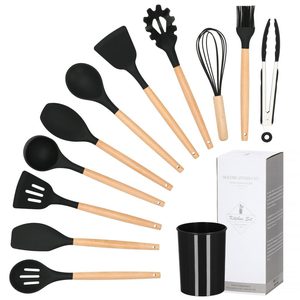 Set Sersimo 12 ustensile de bucatarie din silicon termorezistent si maner din bambus, negru