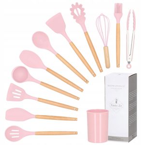 Set Sersimo 12 ustensile de bucatarie din silicon termorezistent si maner din bambus, roz