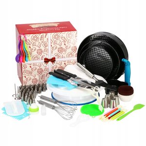 Set patiserie cu platou rotativ si 4 tavi de copt, 345 piese cu sabloane pentru ornarea prajiturilor