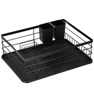 Uscator de vase cu suport tacamuri, din otel, cu tava de scurgere, 42x32x15cm, negru
