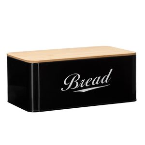 Cutie pentru paine din metal cu capac din bambus, finisaj lucios, 33x18x14 cm, negru