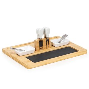 Set servire branzeturi cu platou din bambus si piatra, 2 boluri, 10 accesorii, 40x30x8 cm