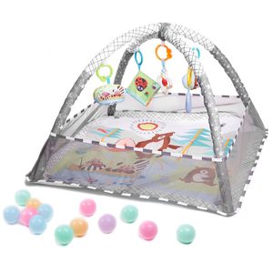 Tarc de joaca pentru bebelusi, 76x76x50 cm, gri – cu jucarii, mingi si arcade interactive