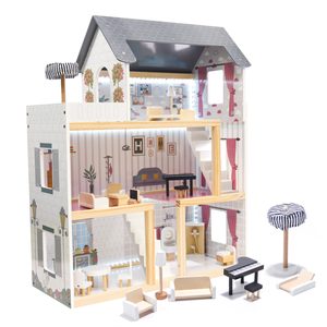 Casa de papusi mare din lemn cu 3 etaje, 4 camere, terasa, mobilier si iluminare LED, 62x27x78 cm, alb