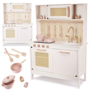 Bucatarie din lemn pentru copii 100x68x29 cm, cu accesorii si efecte luminoase, stil retro, MDF si plastic, boho, crem