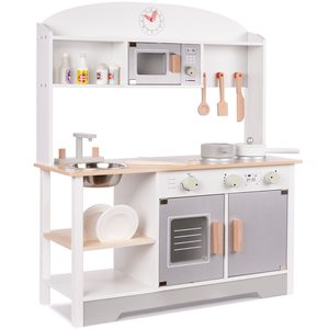 Bucatarie din lemn pentru copii cu accesorii, MDF si lemn, 68x25x82 cm, gri si alb