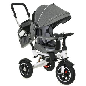 Tricicleta 3in1 105x52x94 cm, sezut rotativ 360°, roti fara aer, copertina reglabila, gri