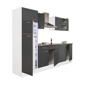 Mobilă de bucătărie Yorki 270, corp alb, față antracit satinat, frigider cu congelator superior