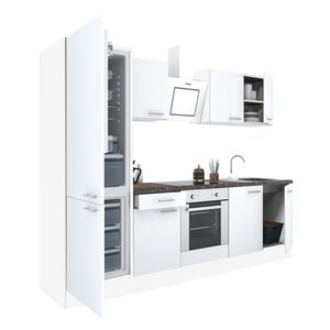 Mobilă de bucătărie Yorki 270, corp alb, față alb satinat, element cuptor inferior, frigider congelator inferior