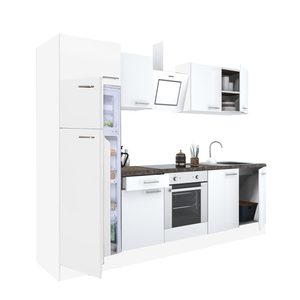 Mobilă de bucătărie Yorki 270, corp alb, față alb satinat, element cuptor inferior, frigider congelator superior