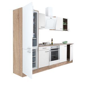 Mobilă de bucătărie Yorki 270, corp din stejar sonoma, față alb satinat, element cuptor inferior, frigider congelator inferior