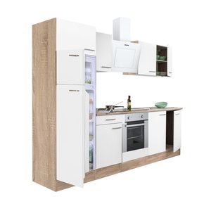 Mobilă de bucătărie Yorki 270, corp din stejar sonoma, față alb satinat, element cuptor inferior, frigider congelator superior